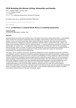 Memorials and Gender 8:30 - 10:40Am Friday, 1St May, 2020 Location Federal, B Level Track Track 4 Session Chair Valentina Rozas-Krause, Andrew M