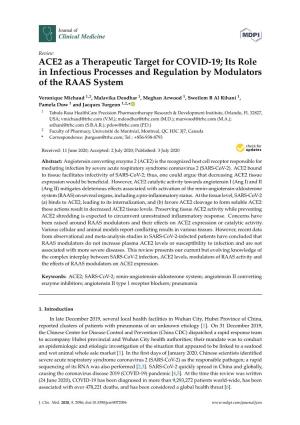 ACE2 As a Therapeutic Target for COVID-19; Its Role in Infectious Processes and Regulation by Modulators of the RAAS System