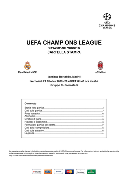 Uefa Champions League Stagione 2009/10 Cartella Stampa