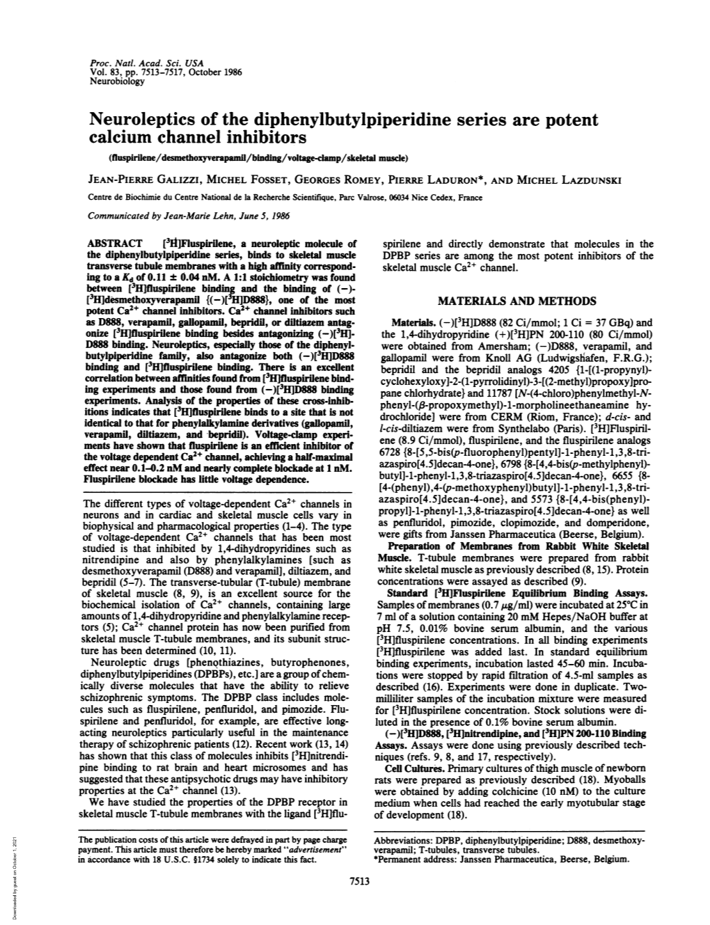 Neuroleptics of the Diphenylbutylpiperidine Series Are Potent Calcium Channel Inhibitors