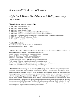 Letter of Interest Light Dark Matter Candidates with Mev Gamma-Ray