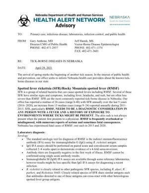 Health Alert Network Advisory: Tick-Borne Diseases in Nebraska