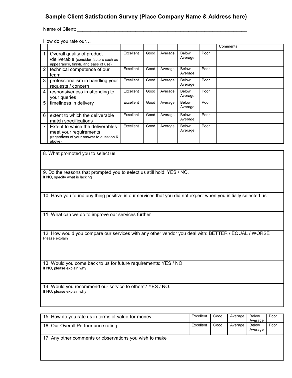 Sample Client Satisfaction Survey