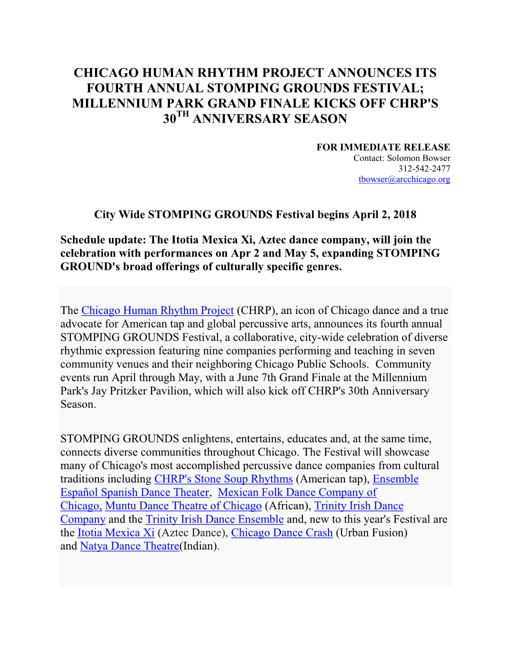 Chicago Human Rhythm Project Announces Its Fourth Annual Stomping Grounds Festival; Millennium Park Grand Finale Kicks Off Chrp's 30Th Anniversary Season