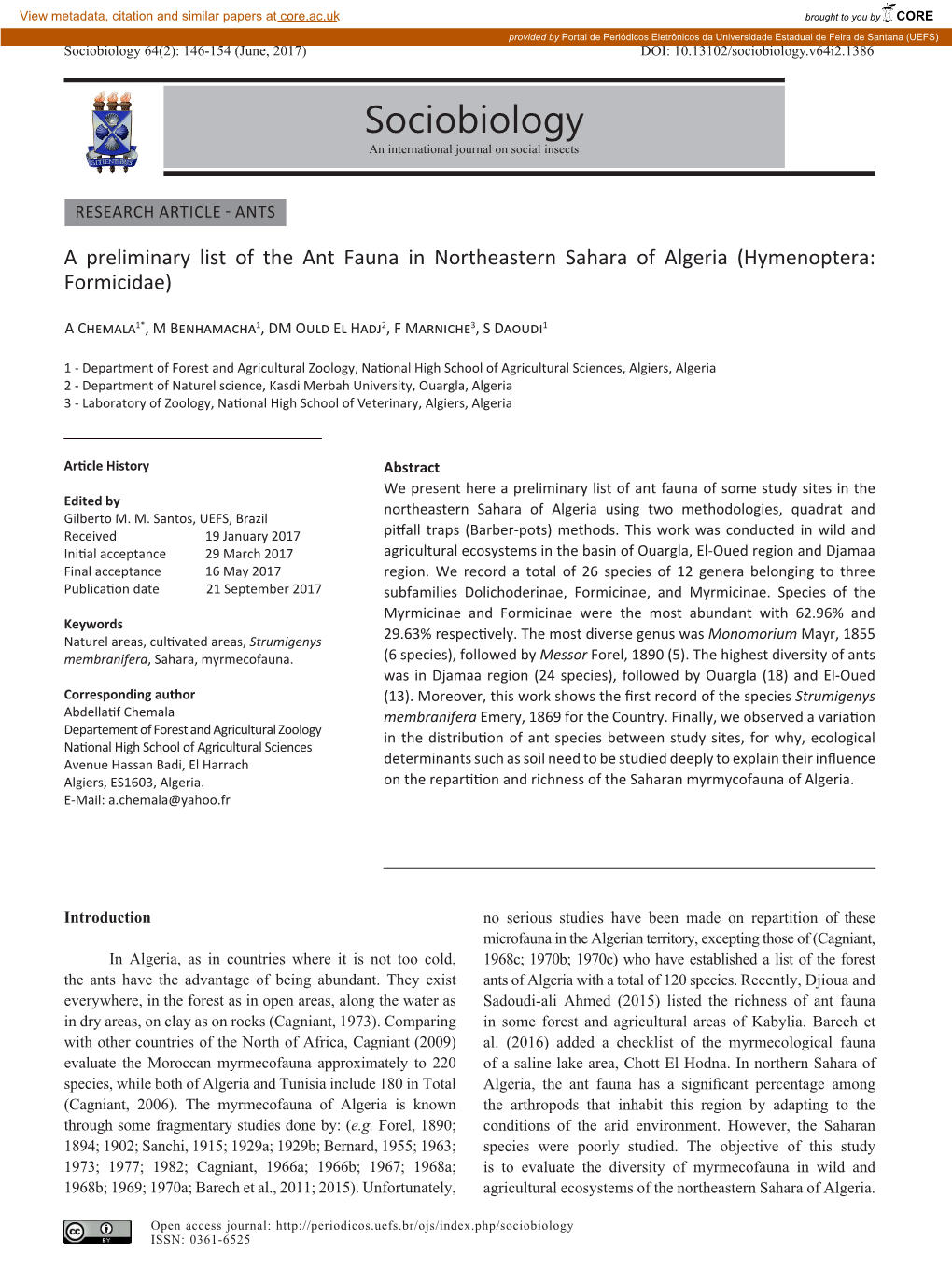 Sociobiology 64(2): 146-154 (June, 2017) DOI: 10.13102/Sociobiology.V64i2.1386