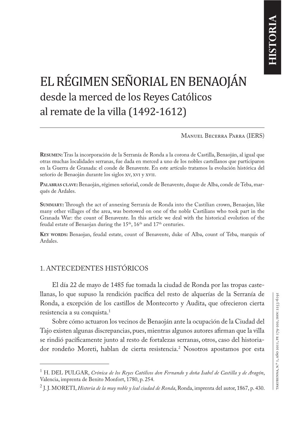 El Régimen Señorial En Benaoján (1492-1612)