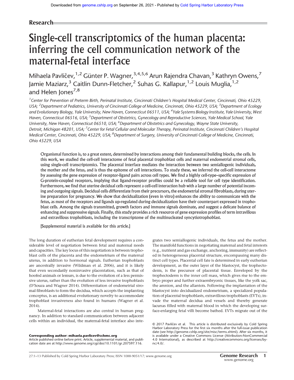 Single-Cell Transcriptomics of the Human Placenta: Inferring the Cell Communication Network of the Maternal-Fetal Interface