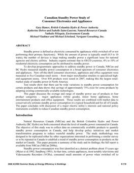 Canadian Standby Power Study of Consumer Electronics and Appliances