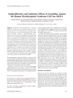 Antiproliferative and Antitumor Effects of Azacitidine Against the Human Myelodysplastic Syndrome Cell Line SKM-1