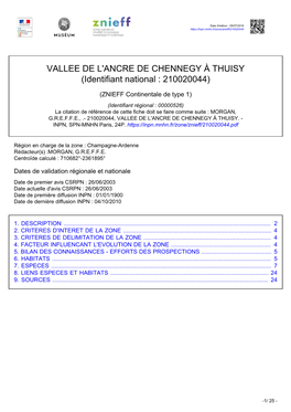 VALLEE DE L'ancre DE CHENNEGY À THUISY (Identifiant National : 210020044)