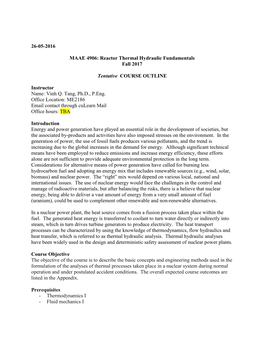 26-05-2016 MAAE 4906: Reactor Thermal Hydraulic Fundamentals