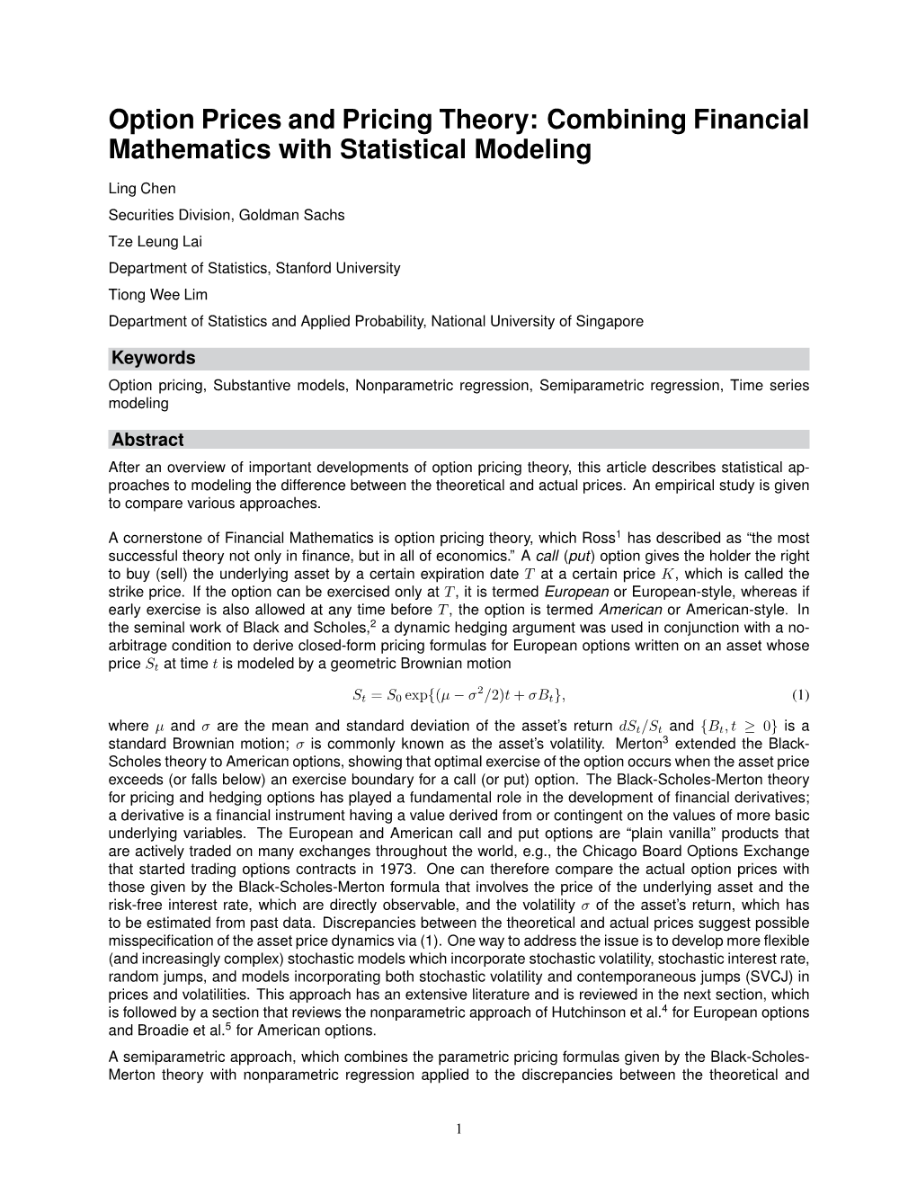 Option Prices and Pricing Theory: Combining Financial Mathematics with Statistical Modeling