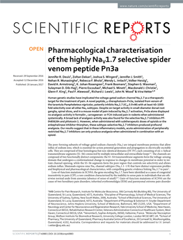 Pharmacological Characterisation of the Highly Nav1.7 Selective Spider Venom Peptide Pn3a Received: 29 September 2016 Jennifer R