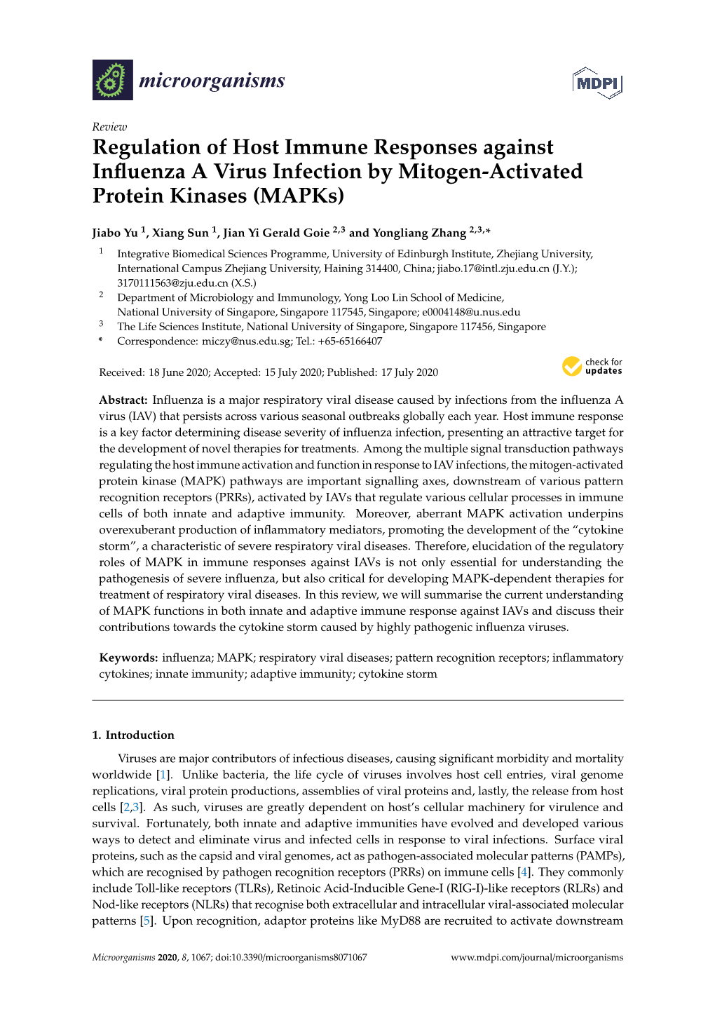 Regulation of Host Immune Responses Against Inﬂuenza a Virus Infection by Mitogen-Activated Protein Kinases (Mapks)