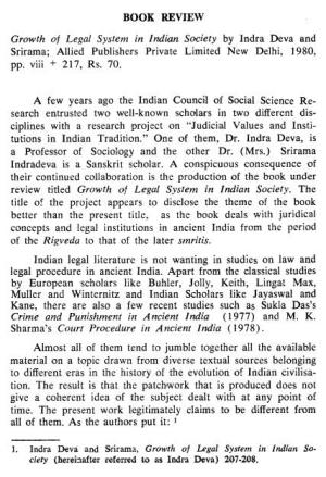 BOOK REVIEW Growth of Legal System in Indian Society by Indra Deva and Srirama; Allied Publishers Private Limited New Delhi, 1980, Pp