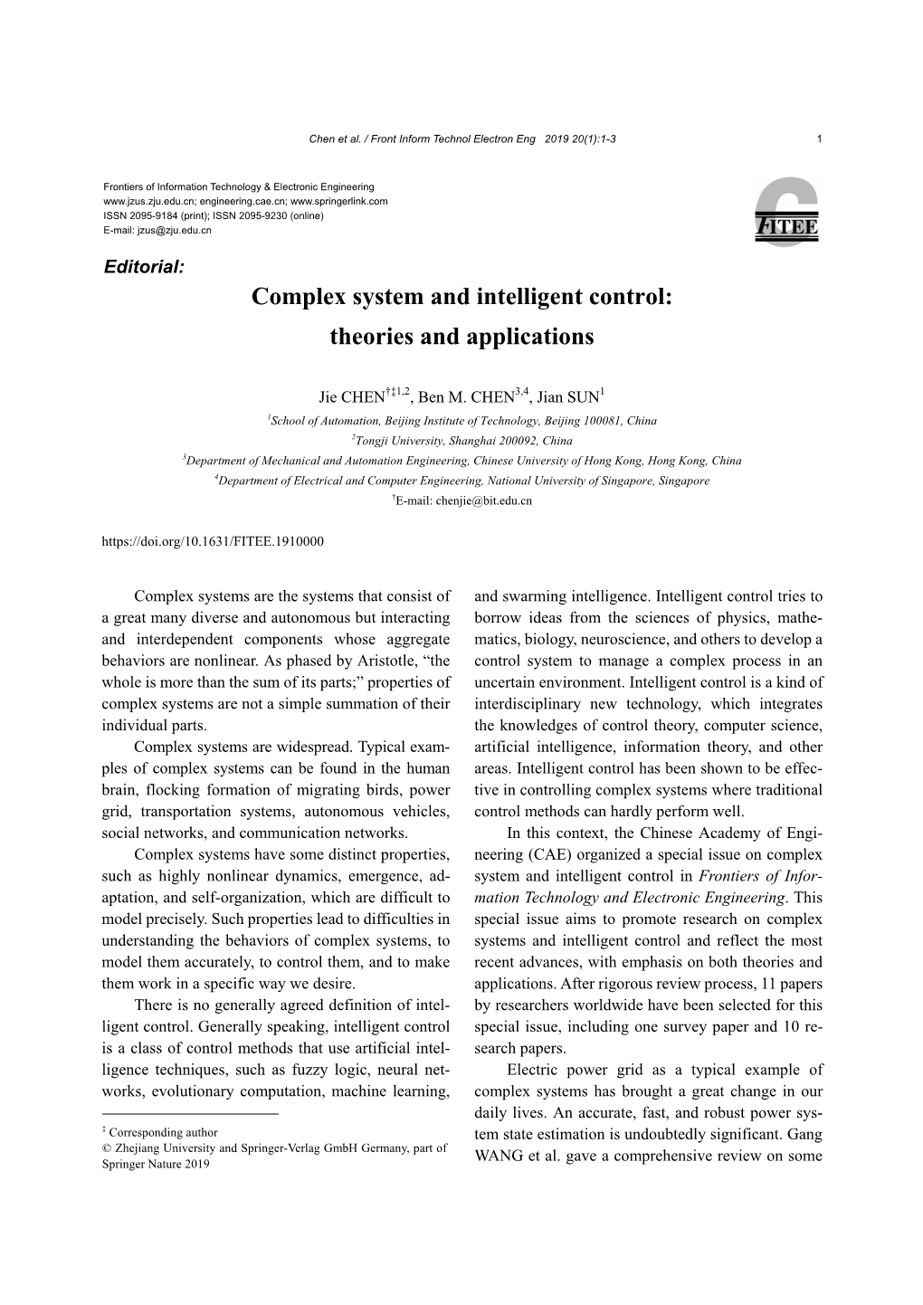 Complex System and Intelligent Control: Theories and Applications