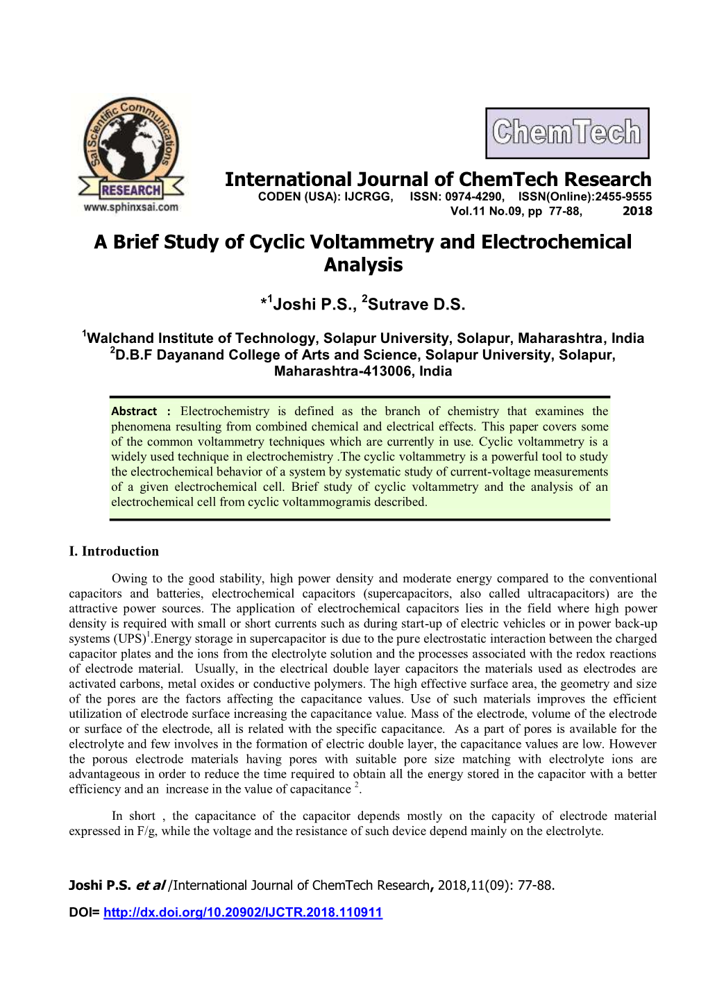 A Brief Study of Cyclic Voltammetry and Electrochemical Analysis