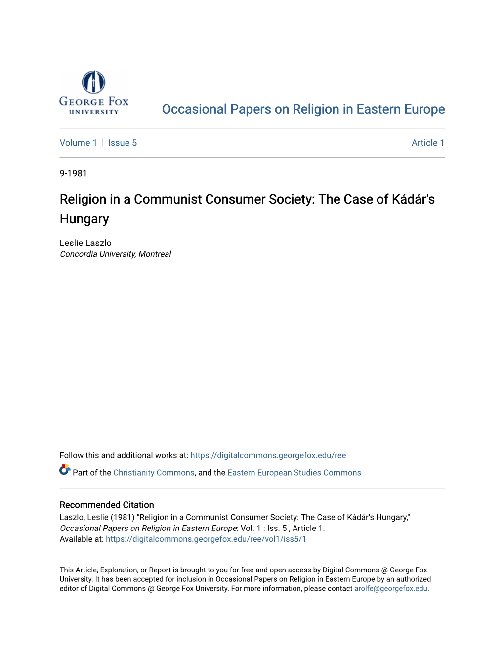 Religion in a Communist Consumer Society: the Case of KÃ¡Dã