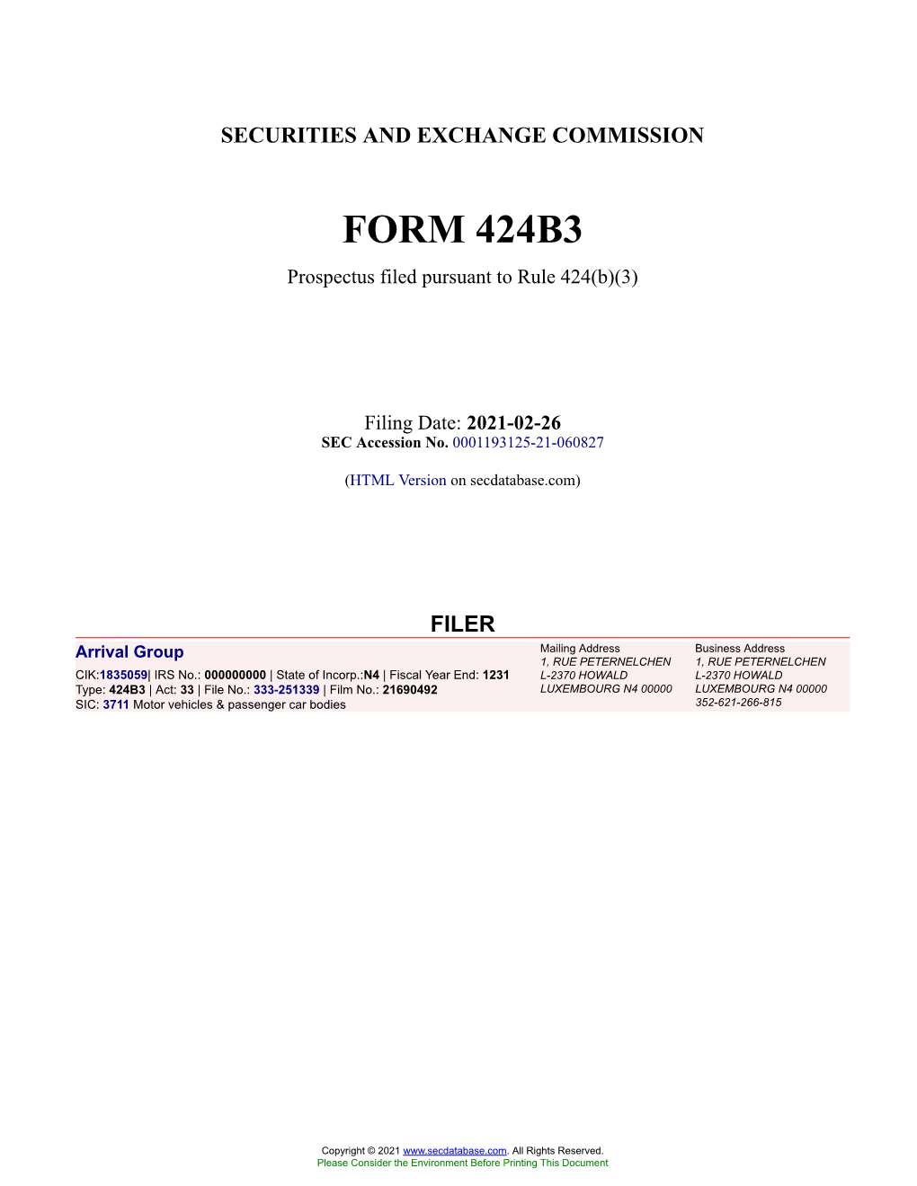 Arrival Group Form 424B3 Filed 2021-02-26