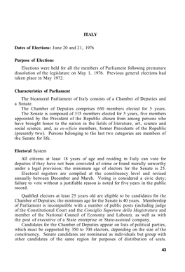 ITALY Dates of Elections: June 20 and 21, 1976 Purpose of Elections