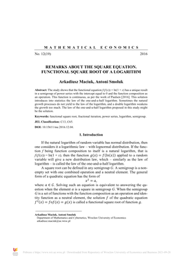 Remarks About the Square Equation. Functional Square Root of a Logarithm