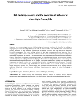 Bet-Hedging, Seasons and the Evolution of Behavioral Diversity in Drosophila