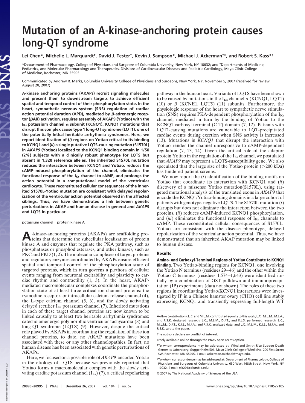 Mutation of an A-Kinase-Anchoring Protein Causes Long-QT Syndrome