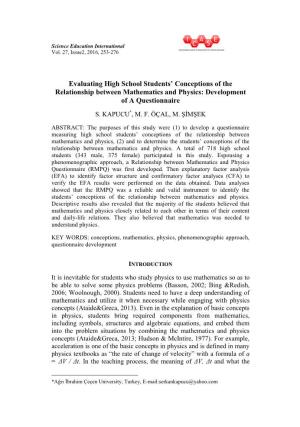 Evaluating High School Students' Conceptions of The