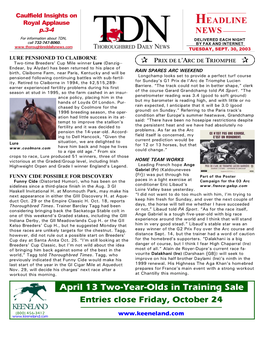 April 13 Two-Year-Olds in Training Sale Entries Close Friday, October 24