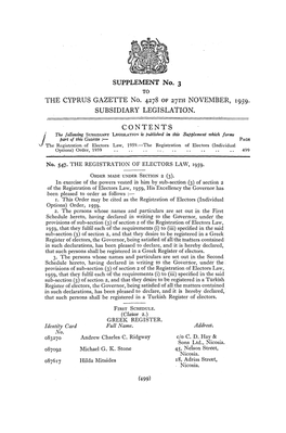 SUPPLEMENT No. 3 Το the CYPRUS GAZETTE No. 4278 of 27TH NOVEMBER, 1959