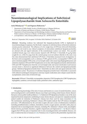 Neuroimmunological Implications of Subclinical Lipopolysaccharide from Salmonella Enteritidis