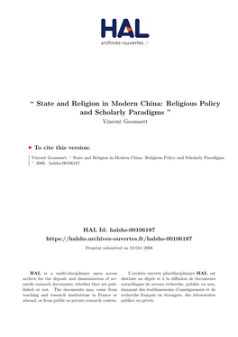 `` State and Religion in Modern China: Religious Policy and Scholarly Paradigms ''