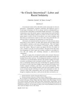 “So Closely Intertwined”: Labor and Racial Solidarity