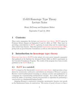 15-819 Homotopy Type Theory Lecture Notes