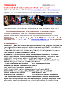 PRESS RELEASE (918) 855-0978 Rentiesville Dusk Til Dawn Blues Festival - 27Th Annual! Oklahoma Blues Hall of Fame F.O