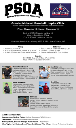 Greater Midwest Baseball Umpire Clinic “Working the Plate Is What Gets You Hired, Working the Bases Keeps You Hired”