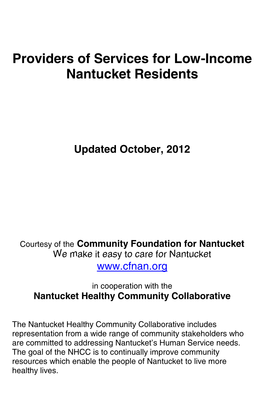 Providers of Services for Low-Income Nantucket Residents