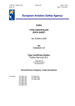 EASA Fokker F27 TC All Marks Data Sheet