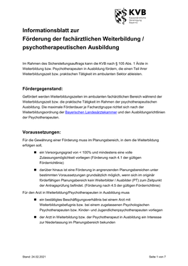 Informationsblatt Zur Förderung Der Fachärztlichen Weiterbildung / Psychotherapeutischen Ausbildung
