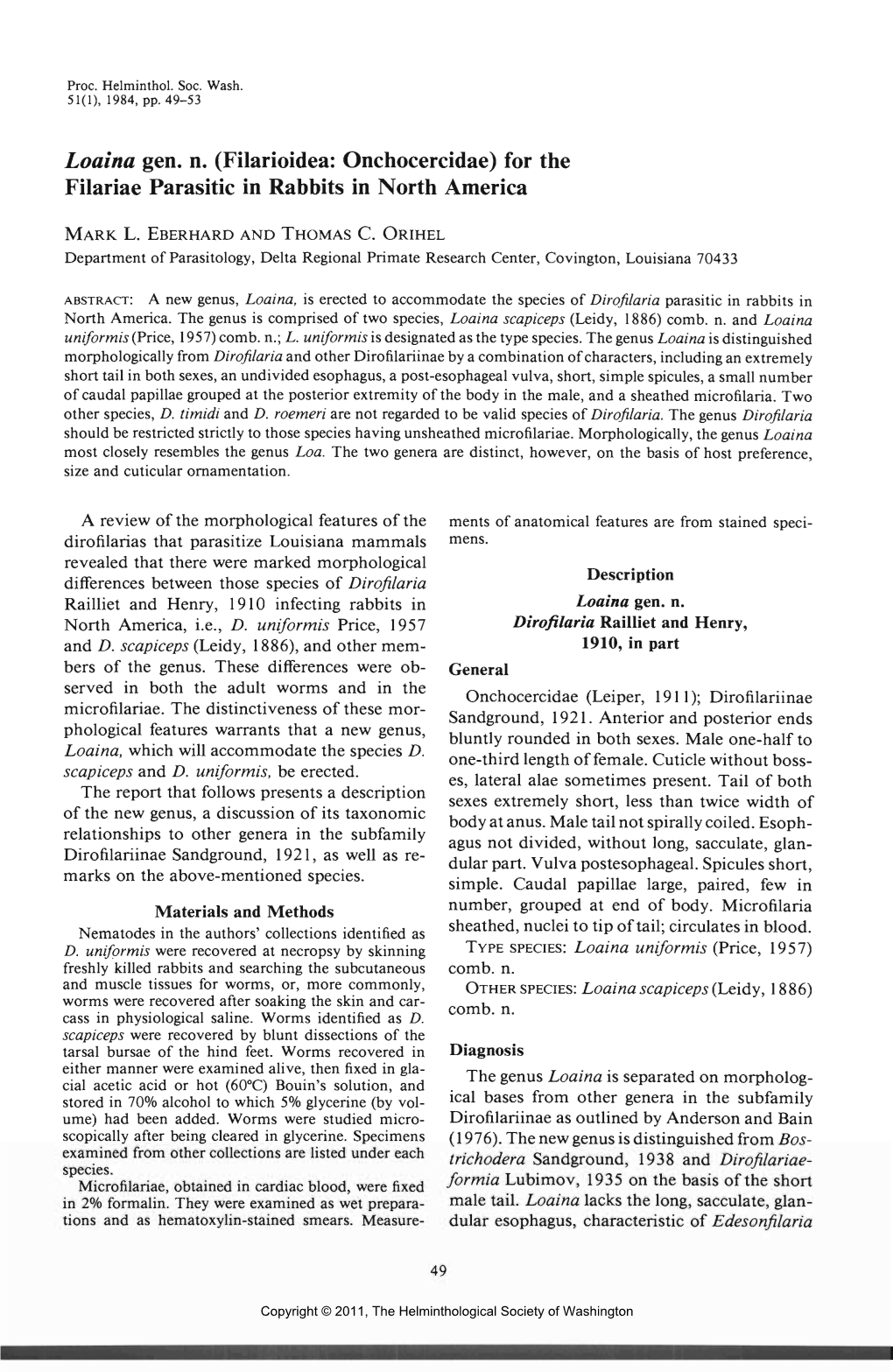 Loaina Gen. N. (Filarioidea: Onchocercidae) for the Filariae Parasitic in Rabbits in North America