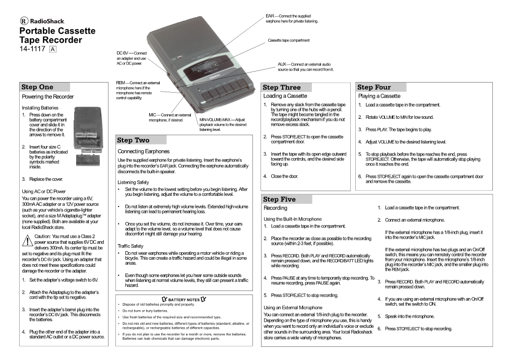 Portable Cassette Tape Recorder Cassette Tape Compartment 14-1117 a DC 6V — Connect an Adapter and Use AC Or DC Power