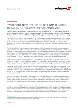 Swissport New Operator of Finnair Cargo Terminal at Helsinki Airport Until 2024