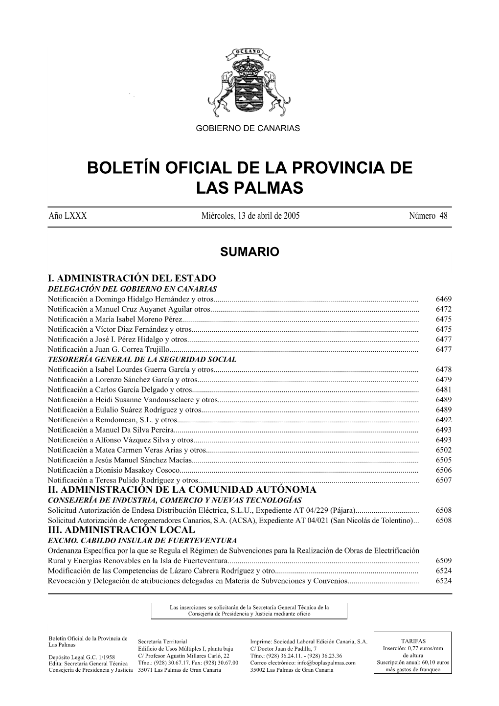 Boletín Oficial De La Provincia De Las Palmas