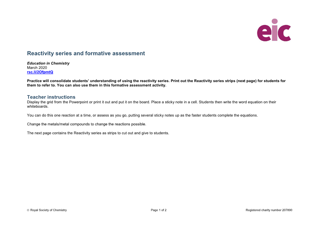 Reactivity Series and Formative Assessment