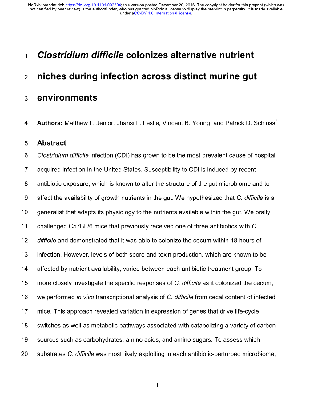 Clostridium Difficile Colonizes Alternative Nutrient Niches