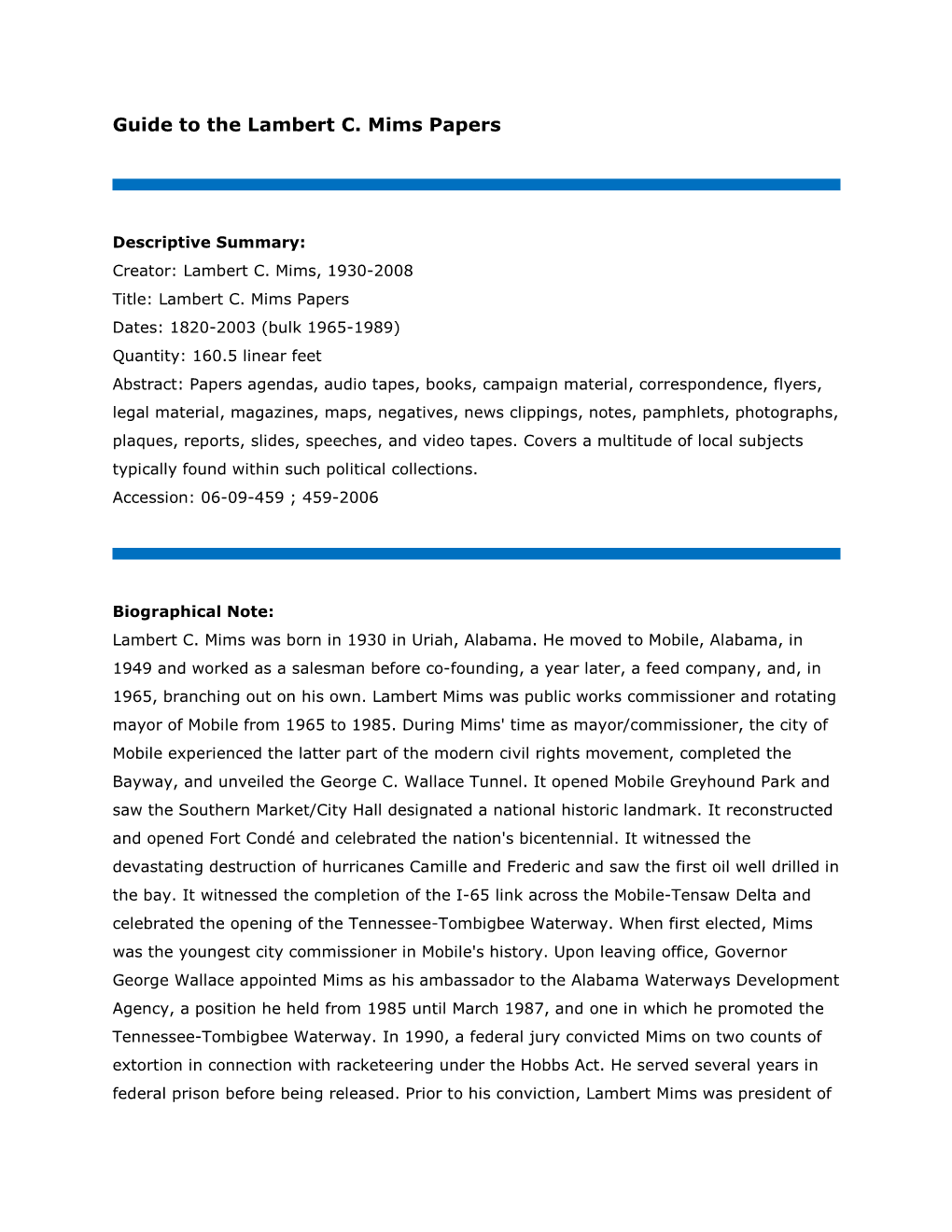 Guide to the Lambert C. Mims Papers