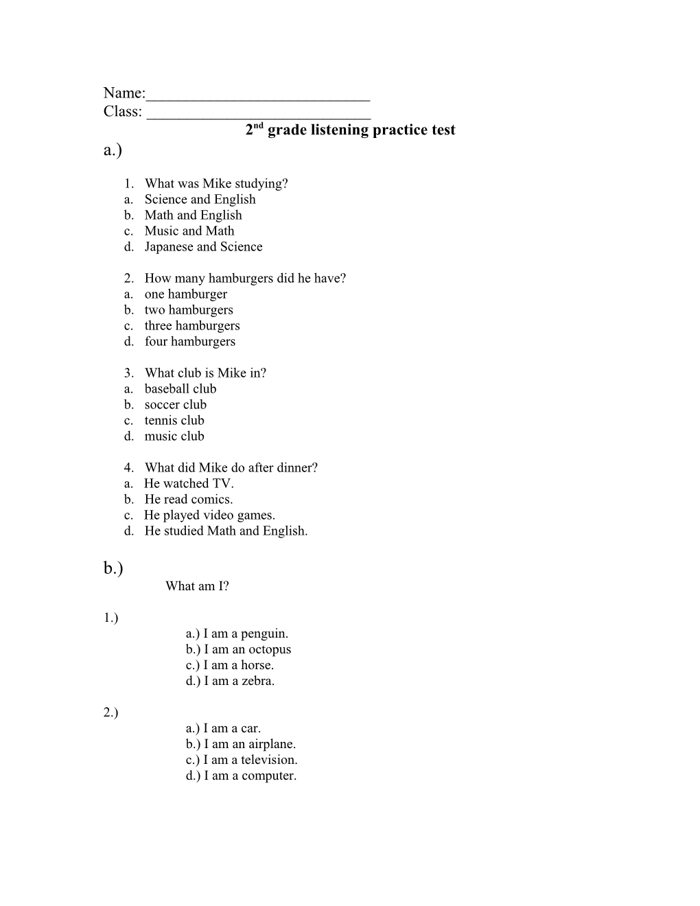 2Nd Grade Listening Practice Test