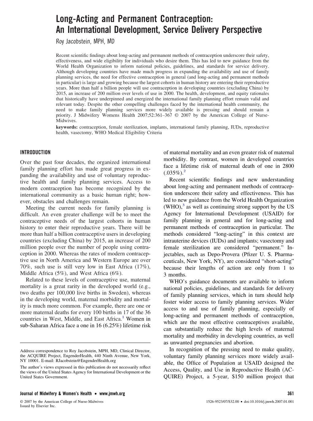 Long-Acting and Permanent Contraception: an International Development, Service Delivery Perspective Roy Jacobstein, MPH, MD