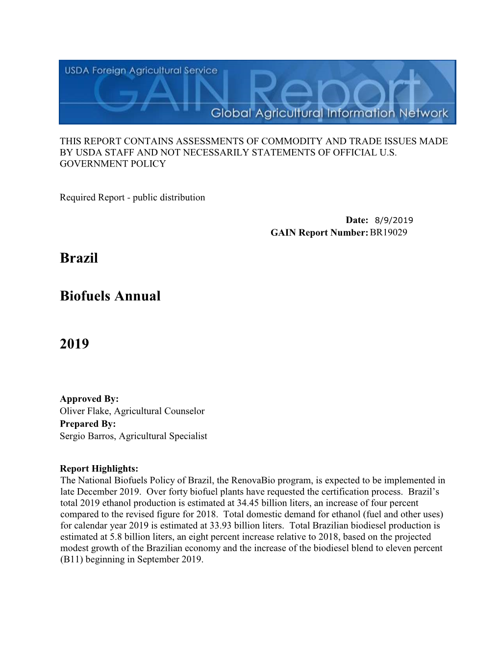 Brazil Biofuels Annual 2019