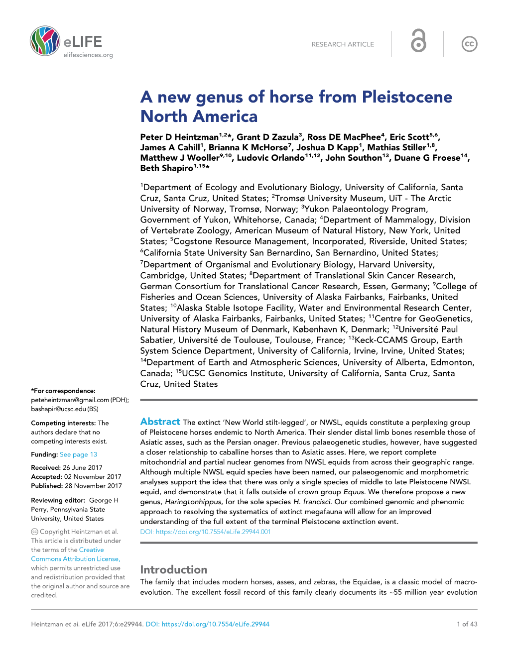 A New Genus of Horse from Pleistocene North America